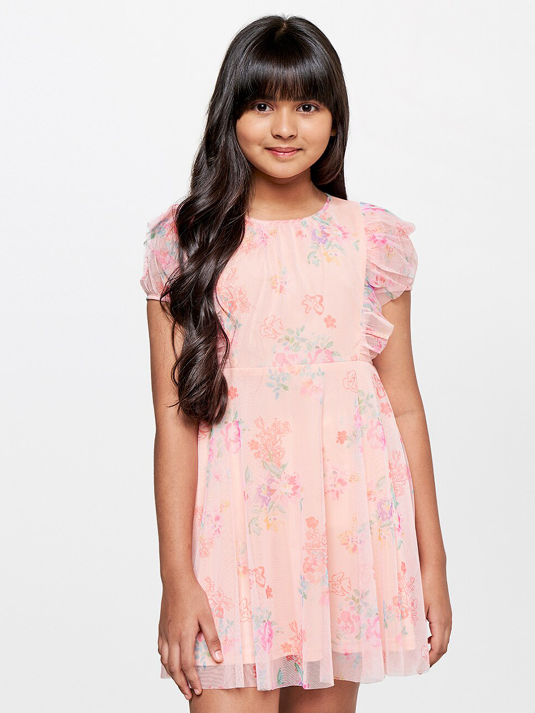 Girls Floral Print Square Neck Flutter Sleeves Fit Flare Dress