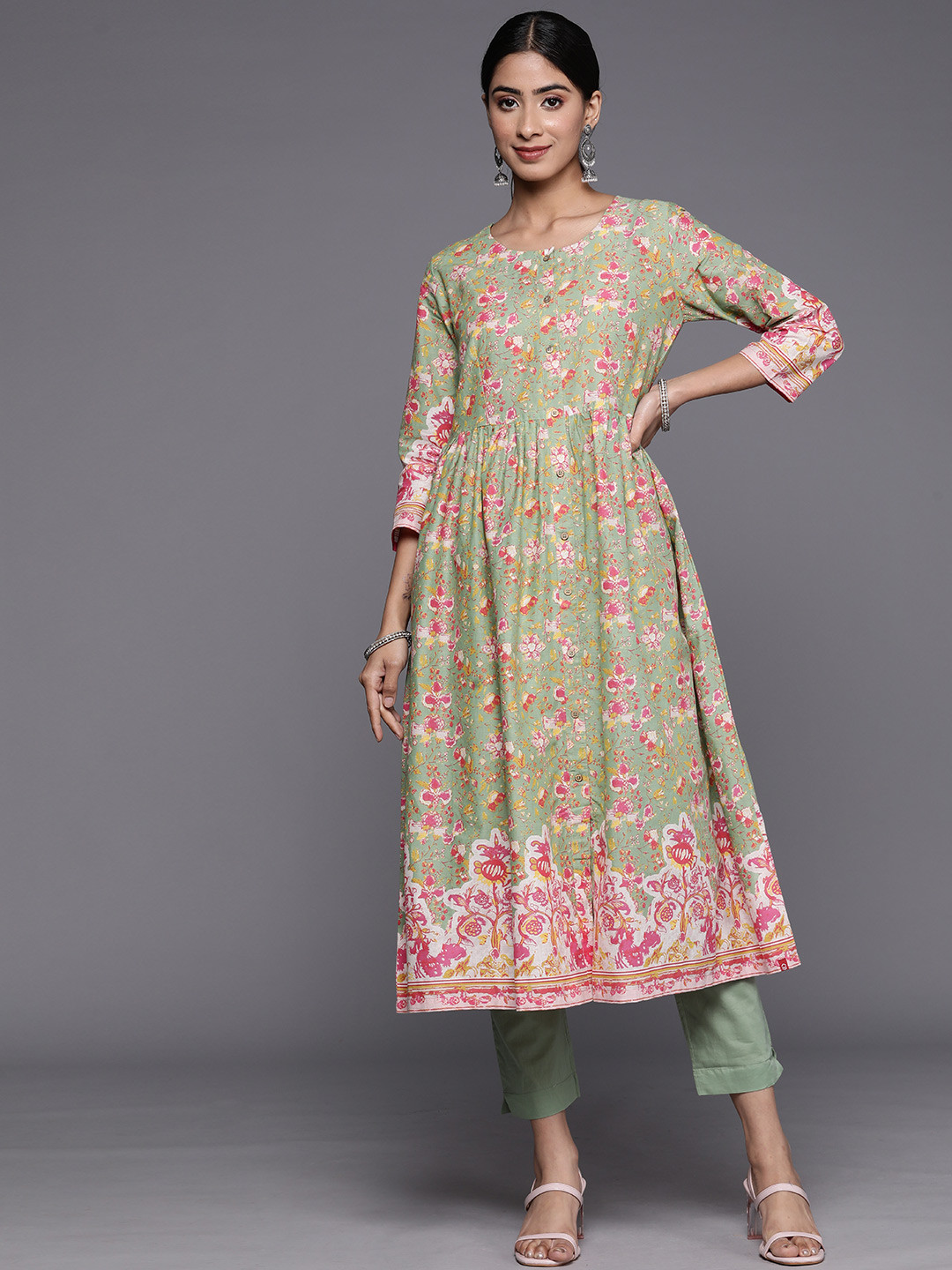 Buy Biba Floral Printed Pure Cotton Anarkali Kurta With Trousers