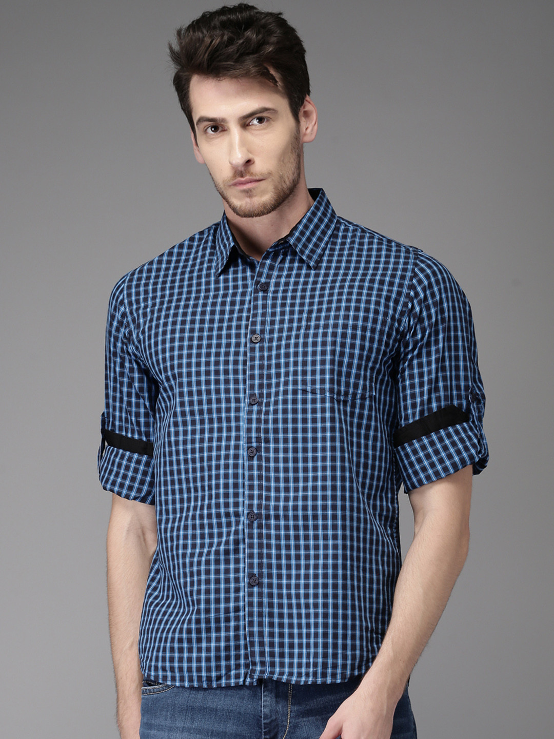 Buy HERE&NOW Men Blue & Black Regular Fit Checked Casual Shirt Shirts for Men 2228243 Myntra