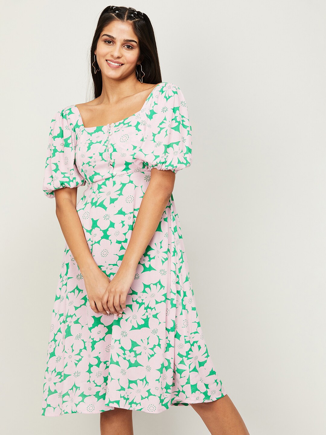 Buy Ginger By Lifestyle Floral Printed Puff Sleeve Fit & Flare Dress ...