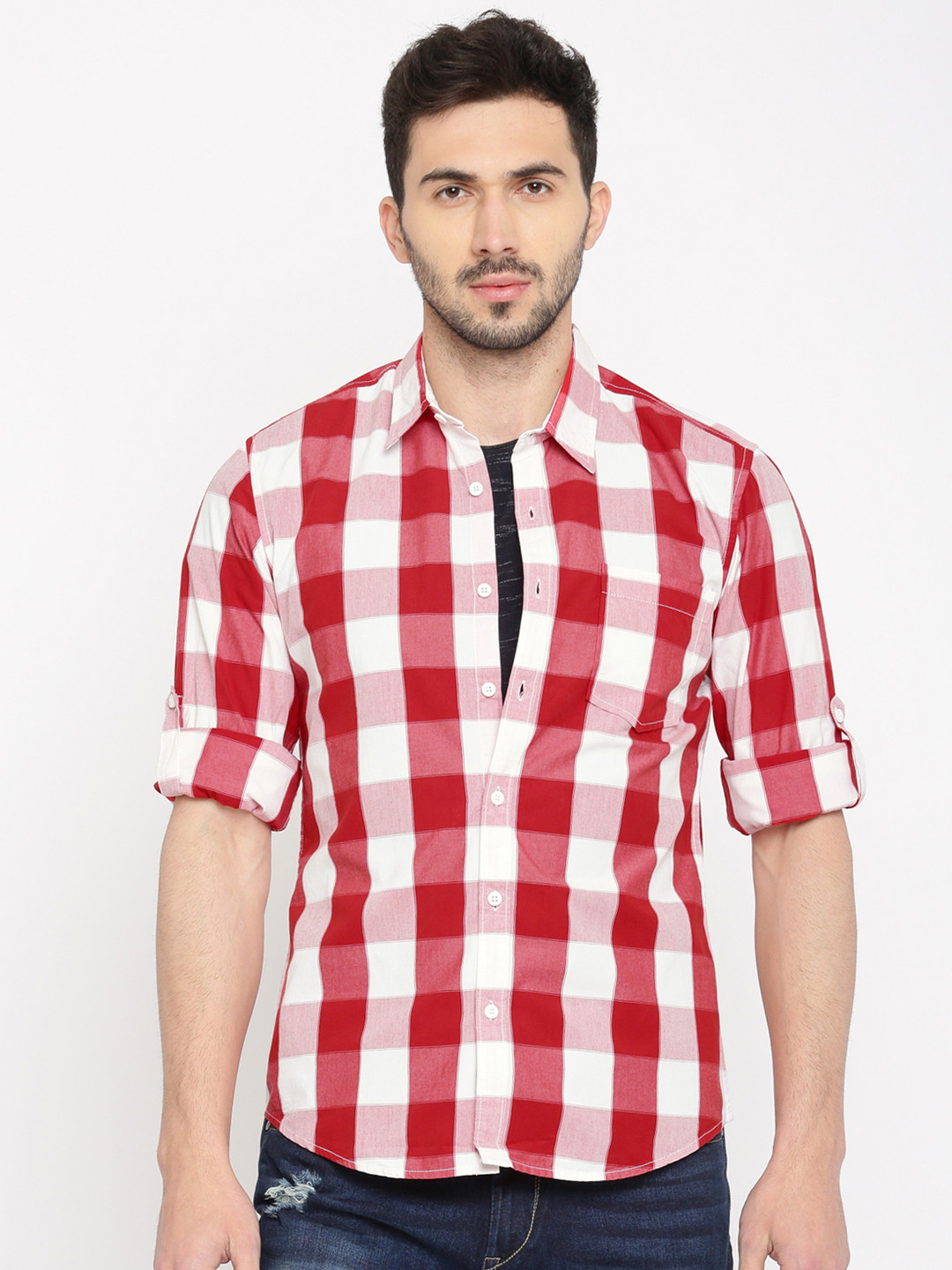 Buy HERE&NOW Men Red & White Regular Fit Checked Casual Shirt - Shirts for Men 2228253 | Myntra