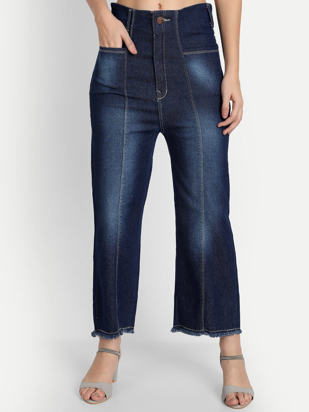 Buy AngelFab Women Navy Blue Jean Relaxed Fit High Rise Light Fade