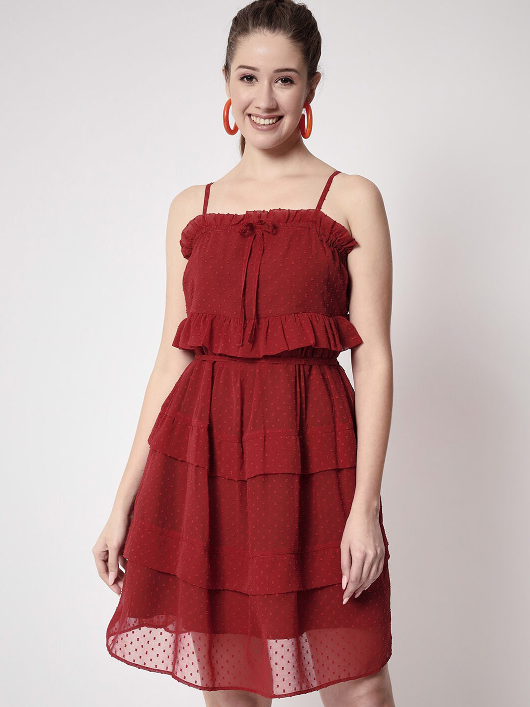 Self Design Puff Sleeve Georgette Fit Flare Dress main image 1