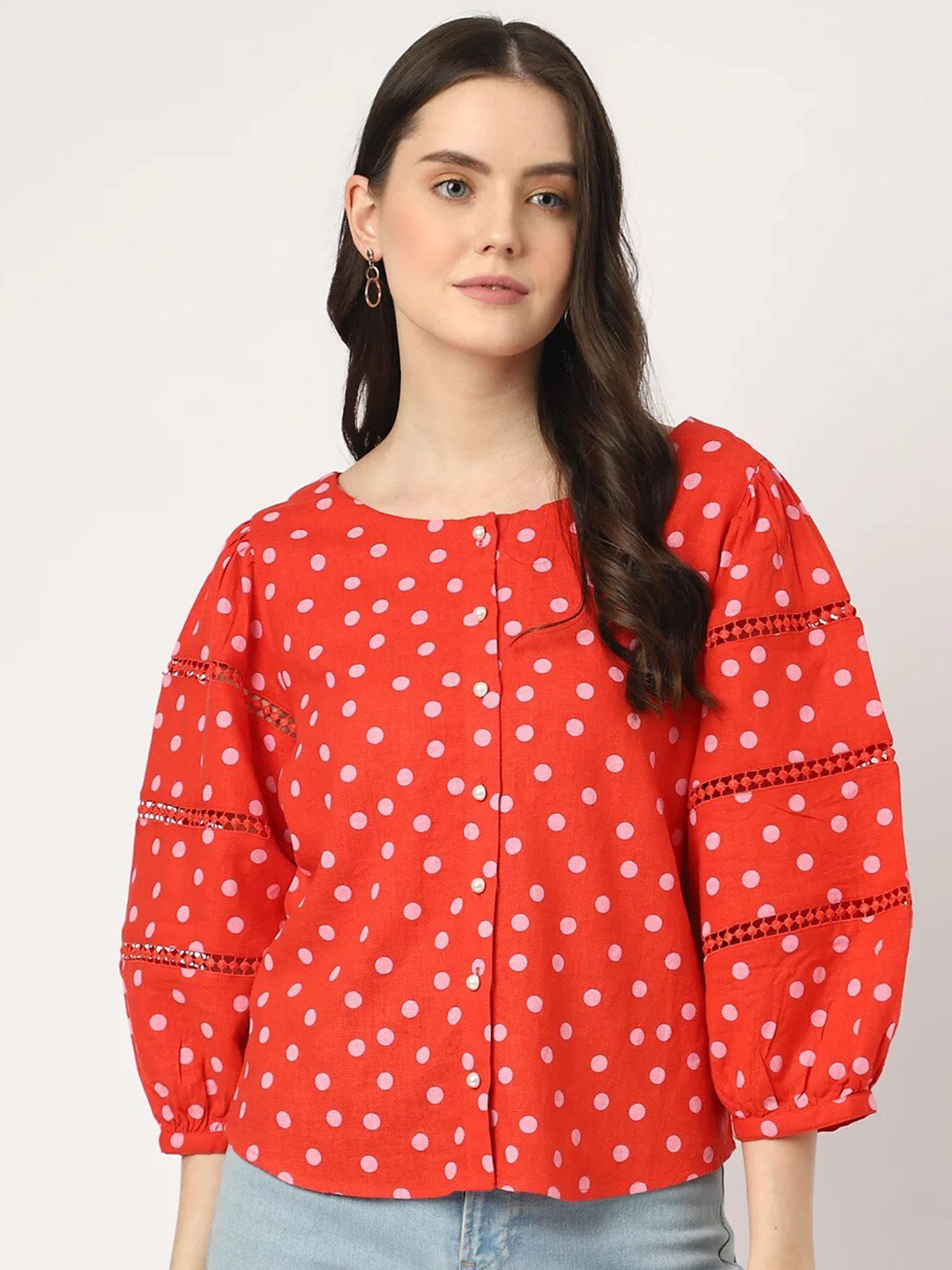 Girls Blue Polk Dot Printed Puff Sleeves Top With Denim Dungaree Set