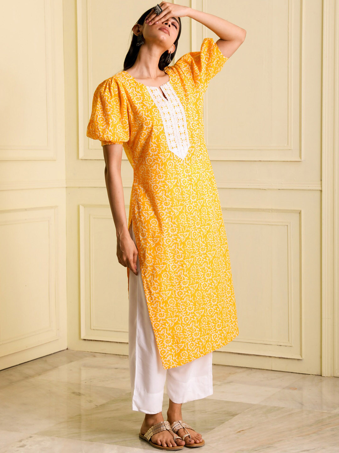 Buy BEATITUDE Floral Printed Puff Sleeves Lace Inserts Organic Cotton Kurta Kurtas for Women