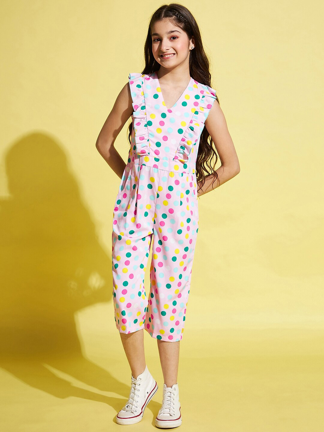 Girls Orange White Printed Cotton Basic Jumpsuit