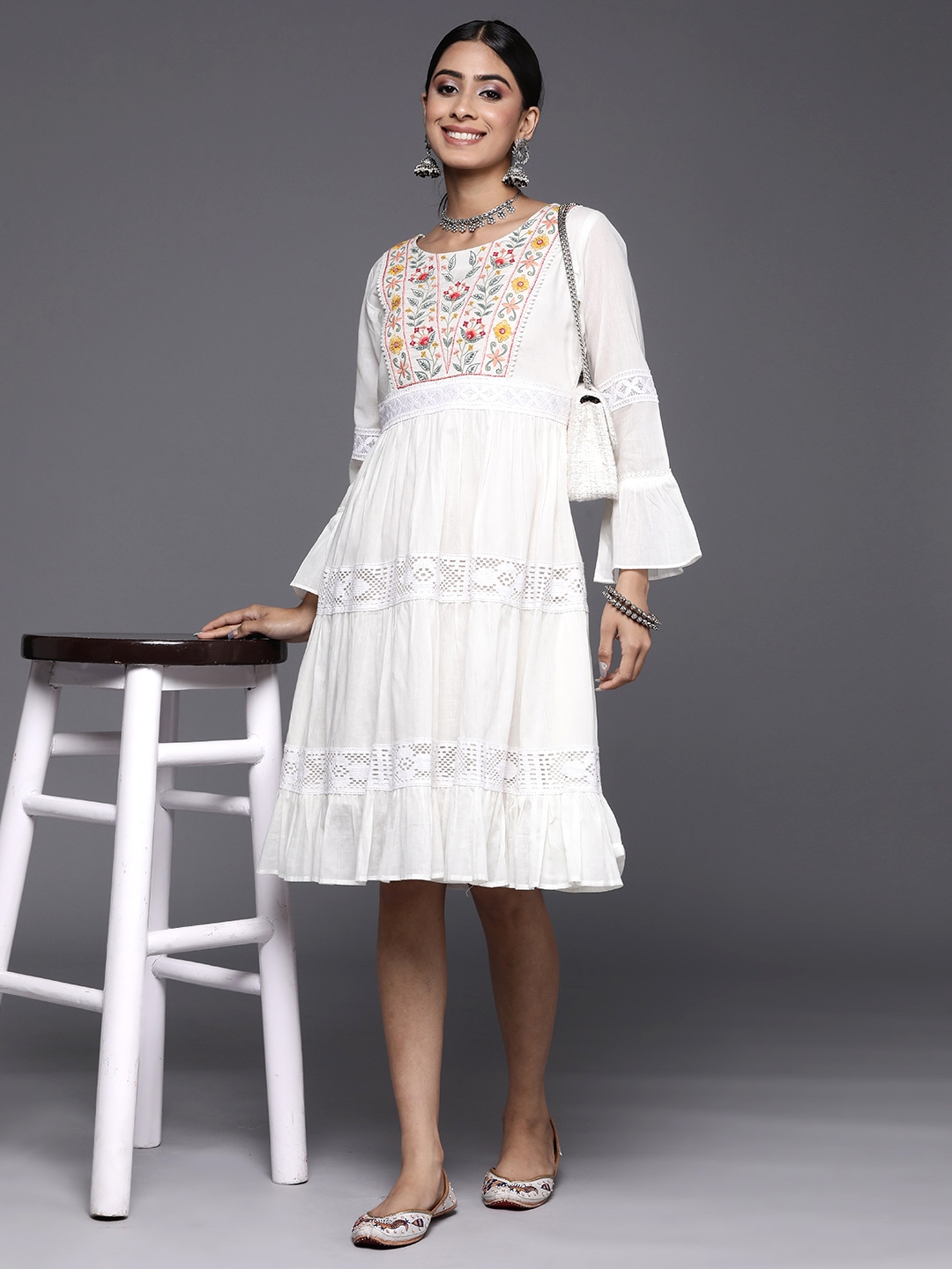 Buy Libas Floral Embroidered Bell Sleeve Fit & Flare Cotton Midi Dress ...