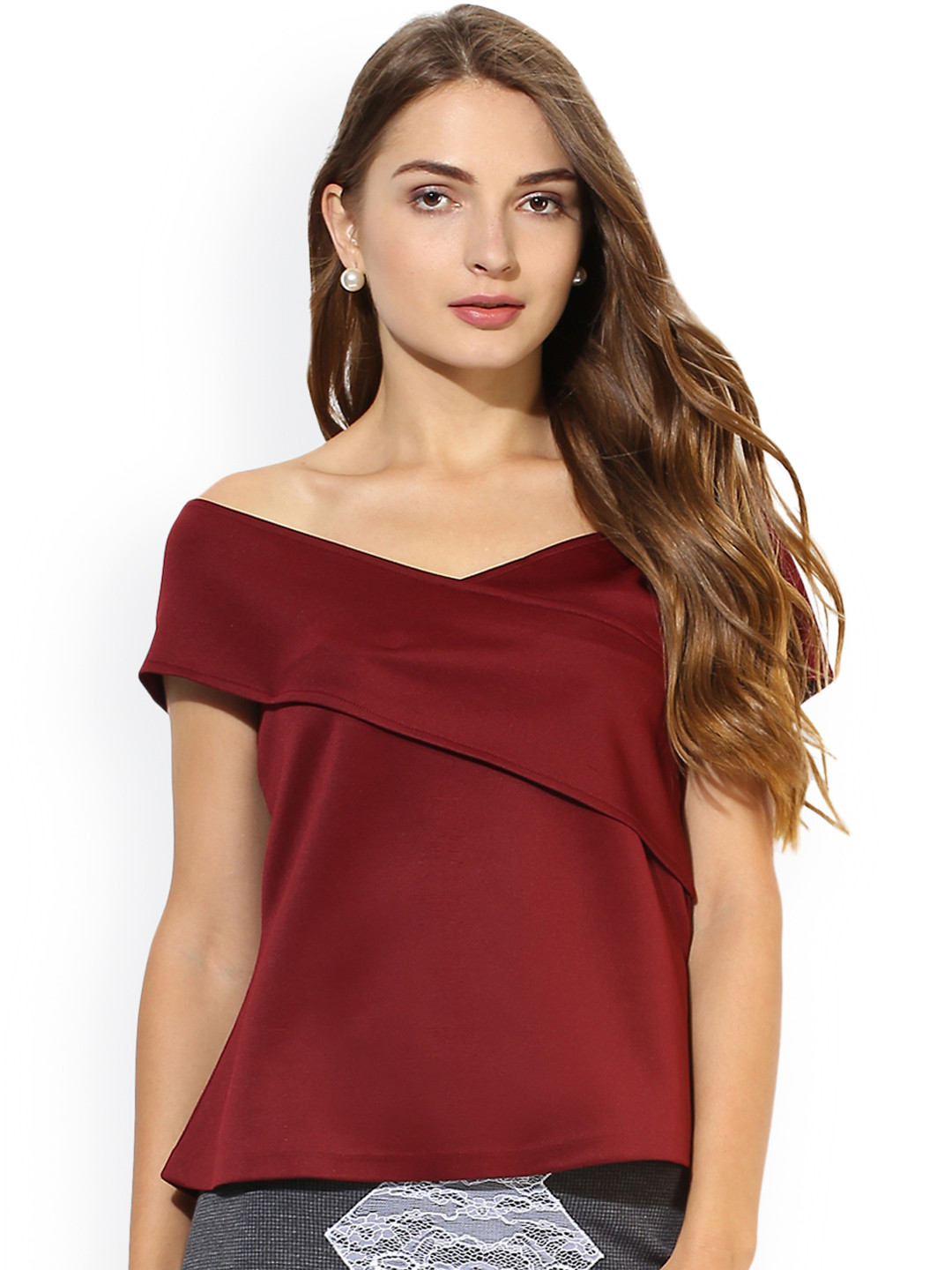 Maroon Solid Short Sleeves Top