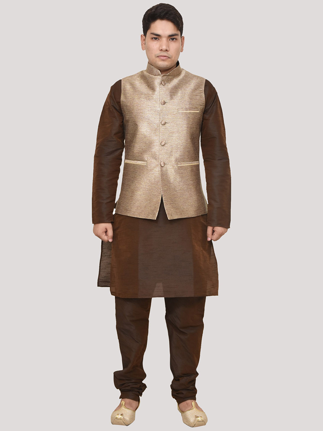 Buy MAG Mandarin Collar Dupion Silk Kurta With Churidar & Nehru Jacket