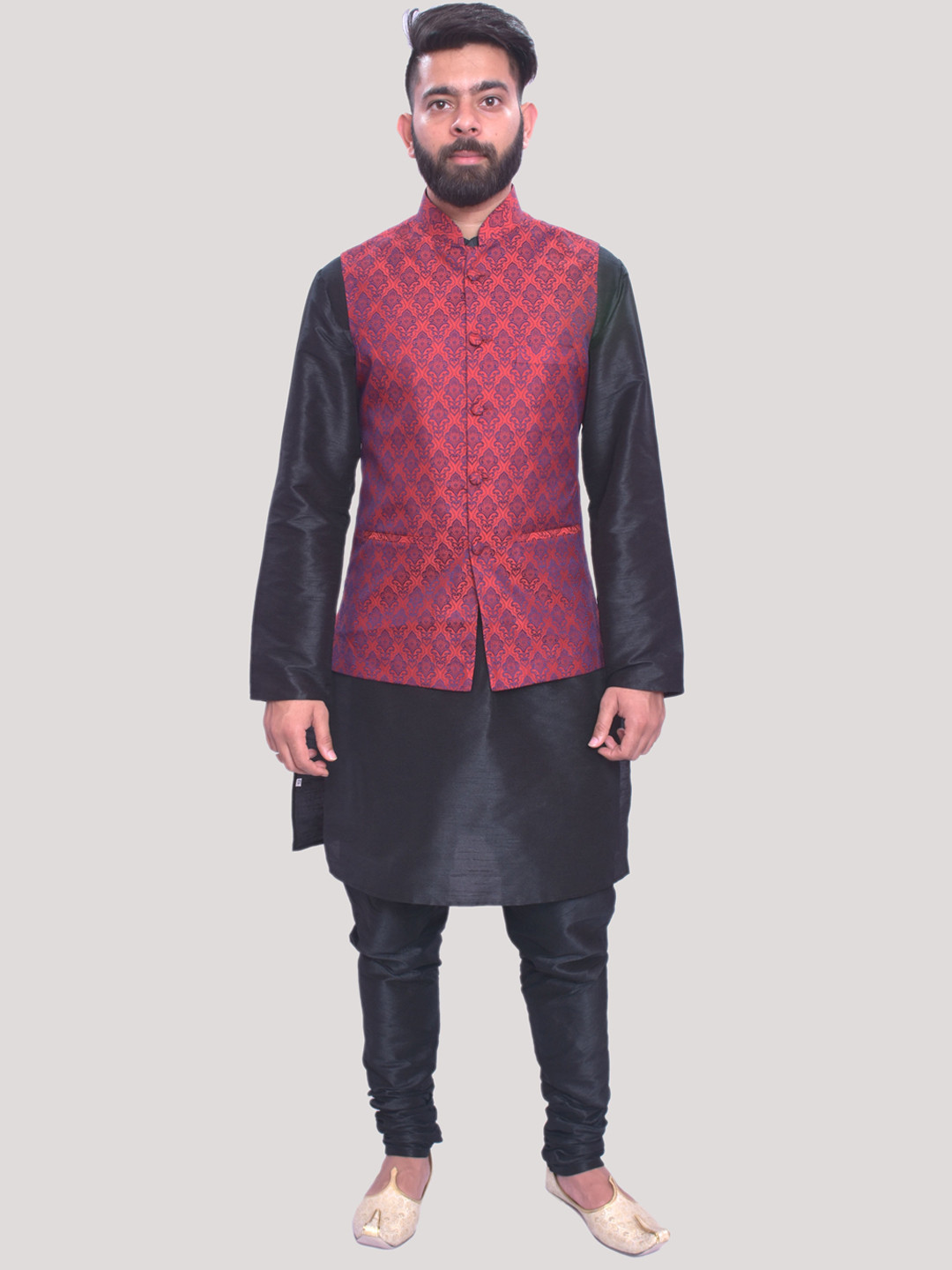 Buy MAG Mandarin Collar Dupion Silk Kurta With Churidar & Nehru Jacket