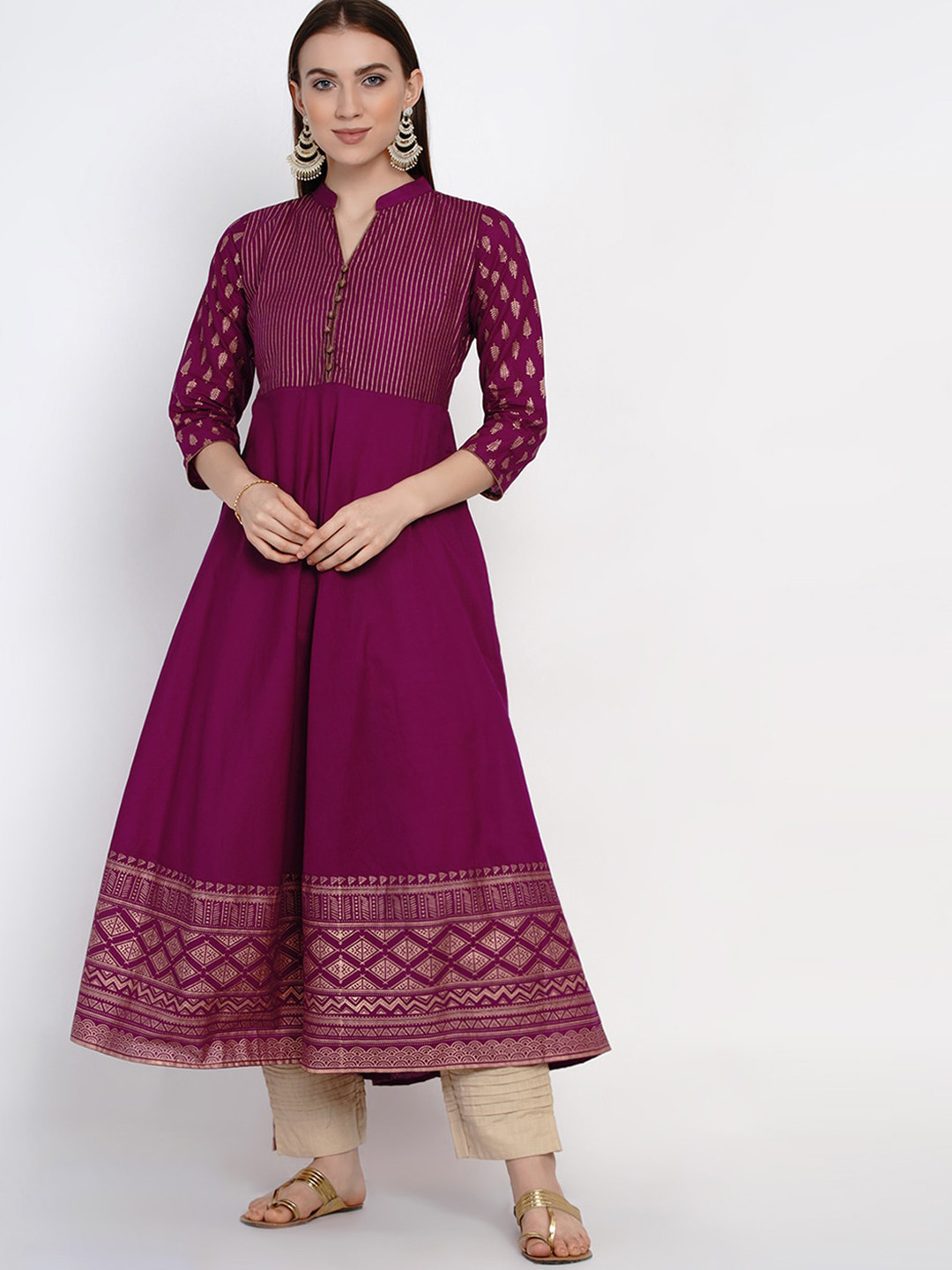 Buy KALINI Ethnic Motif Printed Band Collar Anarkali Pure Cotton Kurta