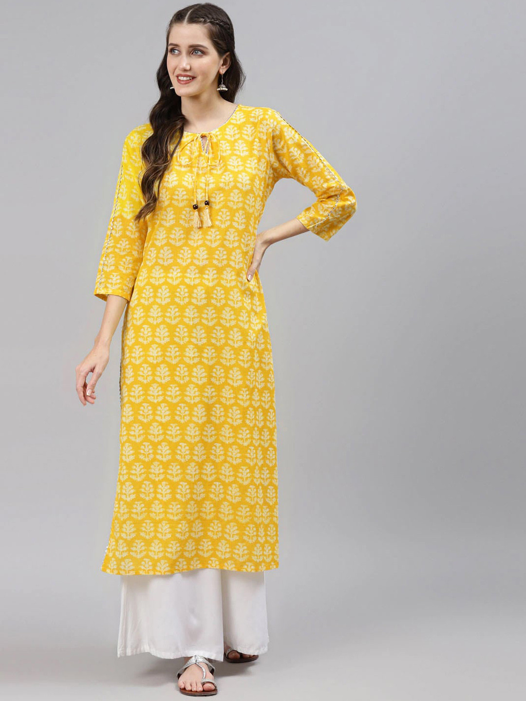 Women Teal Blue Checked Tie-Up Neck Gotta Patti Kurta