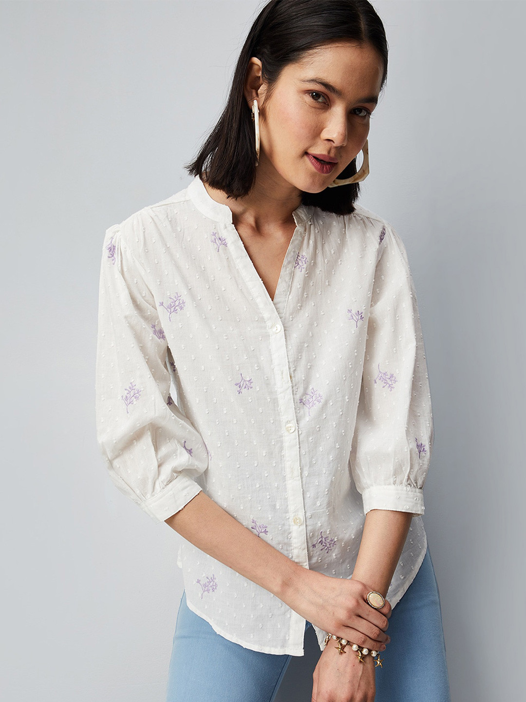 Floral Print Collar Cotton Shirt For Women