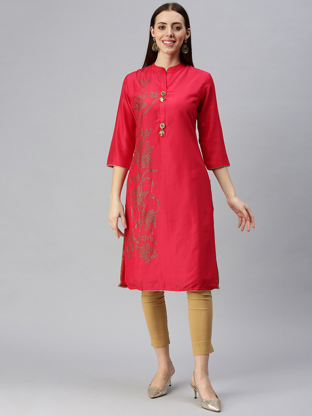 Buy SHOWOFF Floral Printed Embellished Mandarin Collar Straight Kurta
