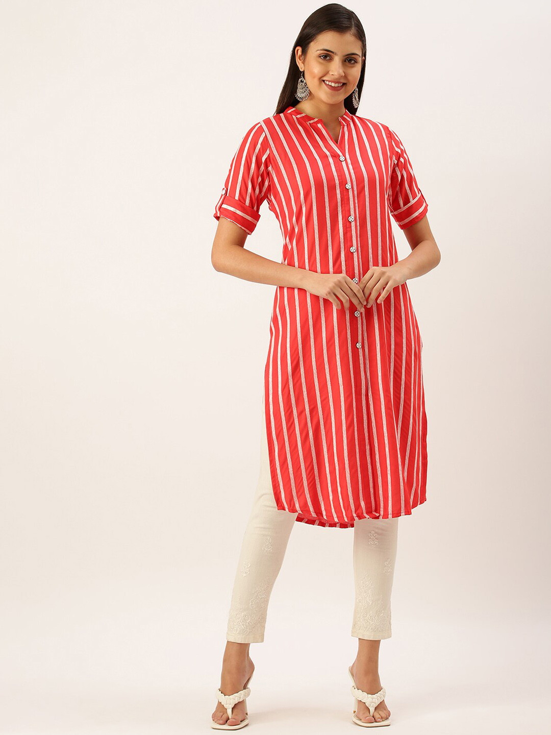 Buy SHOWOFF Striped Mandarin Collar Roll Up Sleeves Cotton Pathani