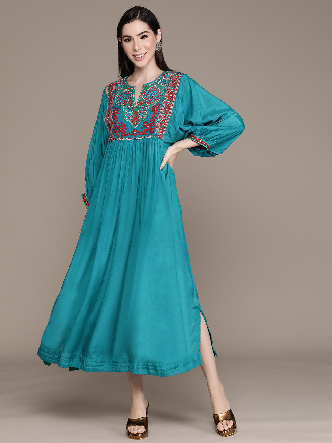 Buy Ritu Kumar Ethnic Motifs Embroidered Puff Sleeve Empire Maxi Dress