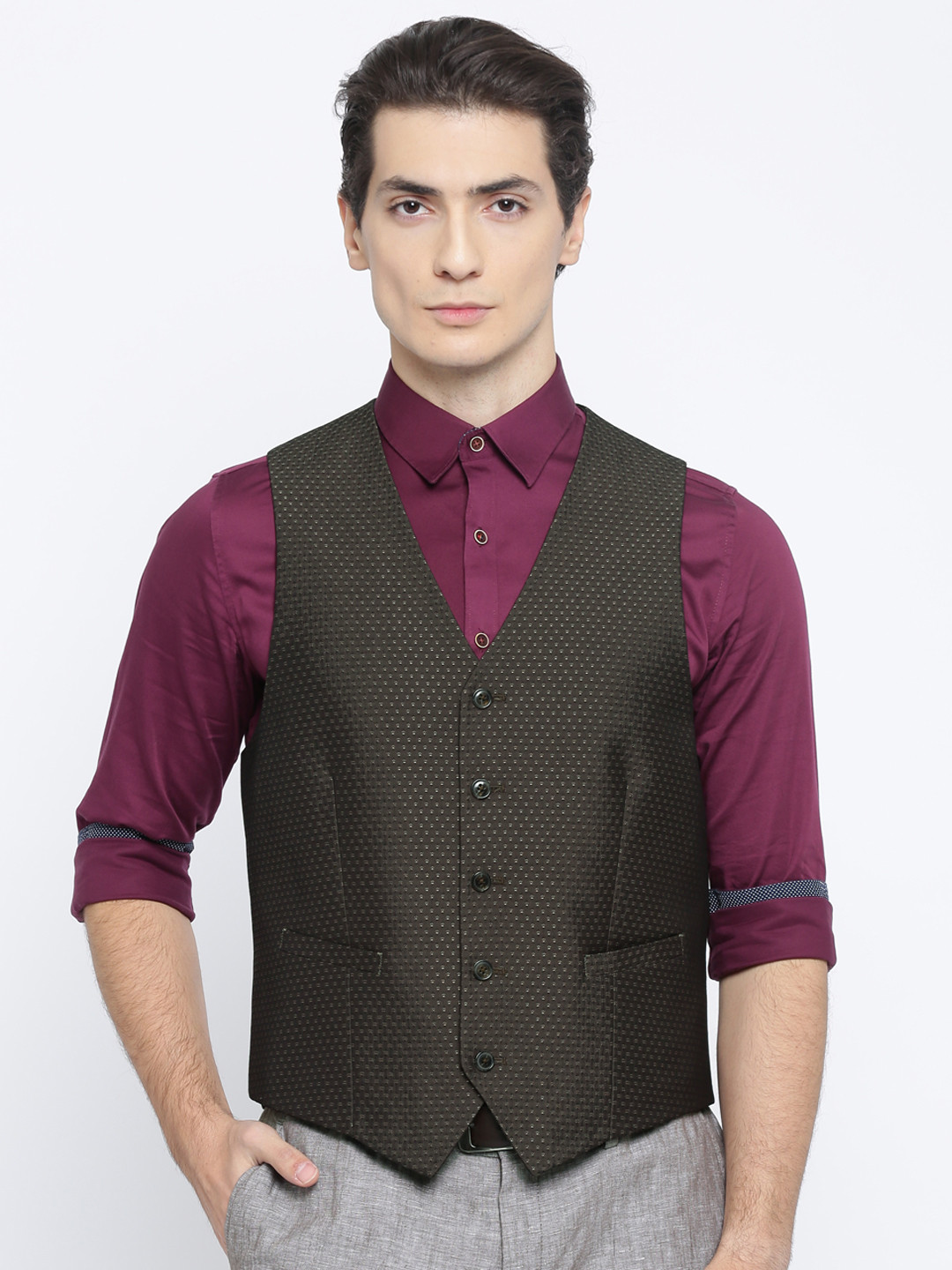 Buy Theme Men Brown Self Design Waistcoat Waistcoat for Men 2231813