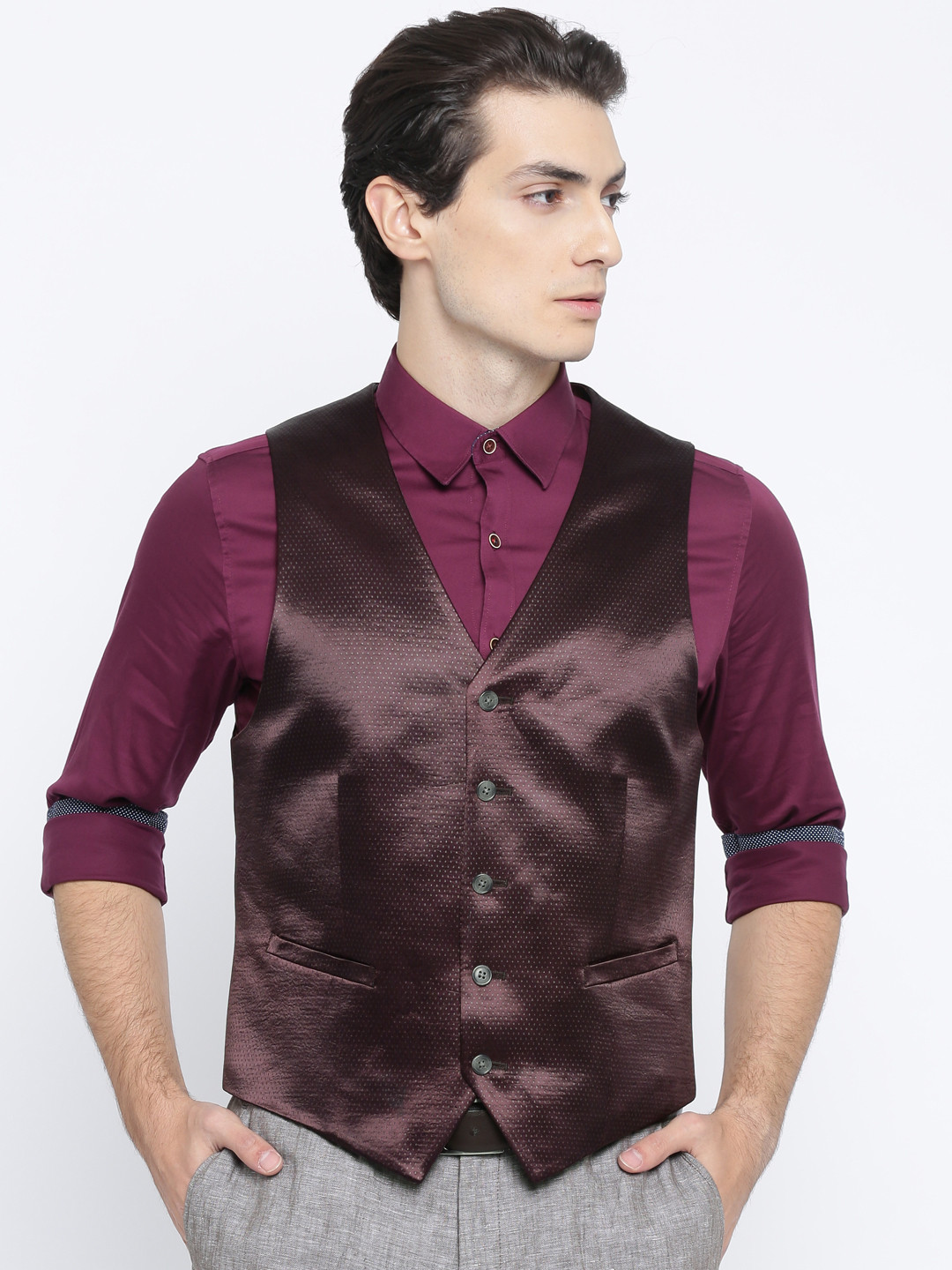 Buy Theme Men Burgundy Self Design Waistcoat Waistcoat for Men