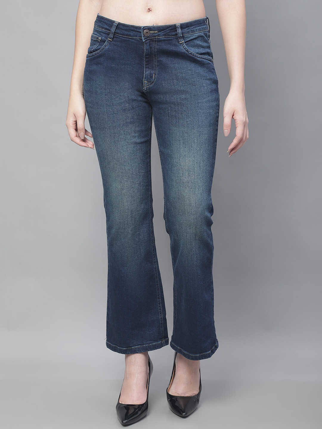 Buy Cantabil Women Light Fade Stretchable Cropped Cotton Bootcut Jeans