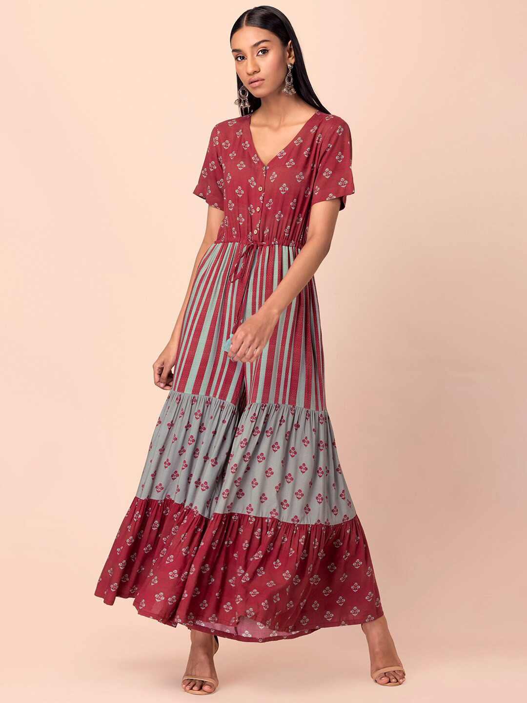 Buy INDYA Ethnic Motifs Printed V Neck Waist Tie Ups Basic Jumpsuit