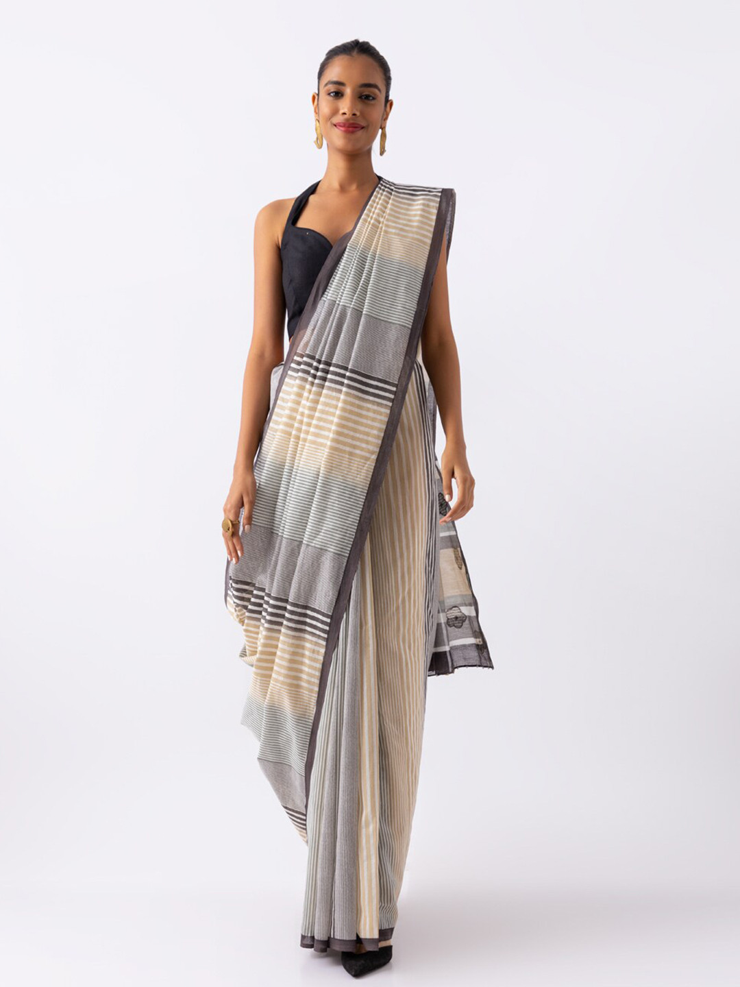 Maroon Striped Silk-Cotton-Linen Saree main image 1