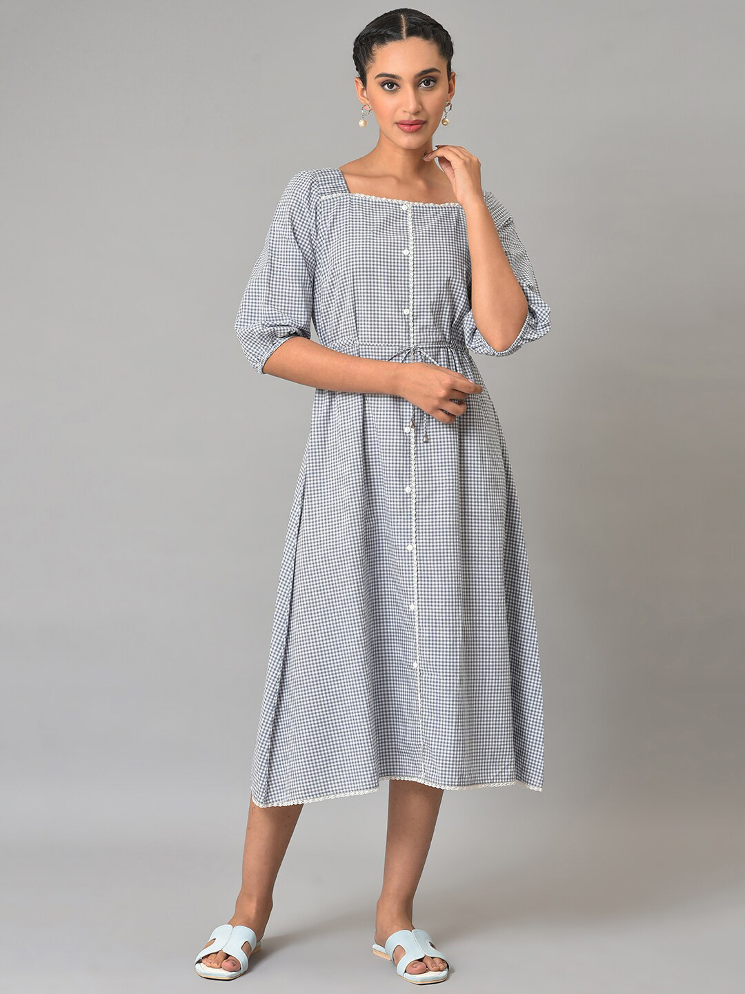 Buy AURELIA Checked Square Neck Pure Cotton A Line Midi Dress Dresses