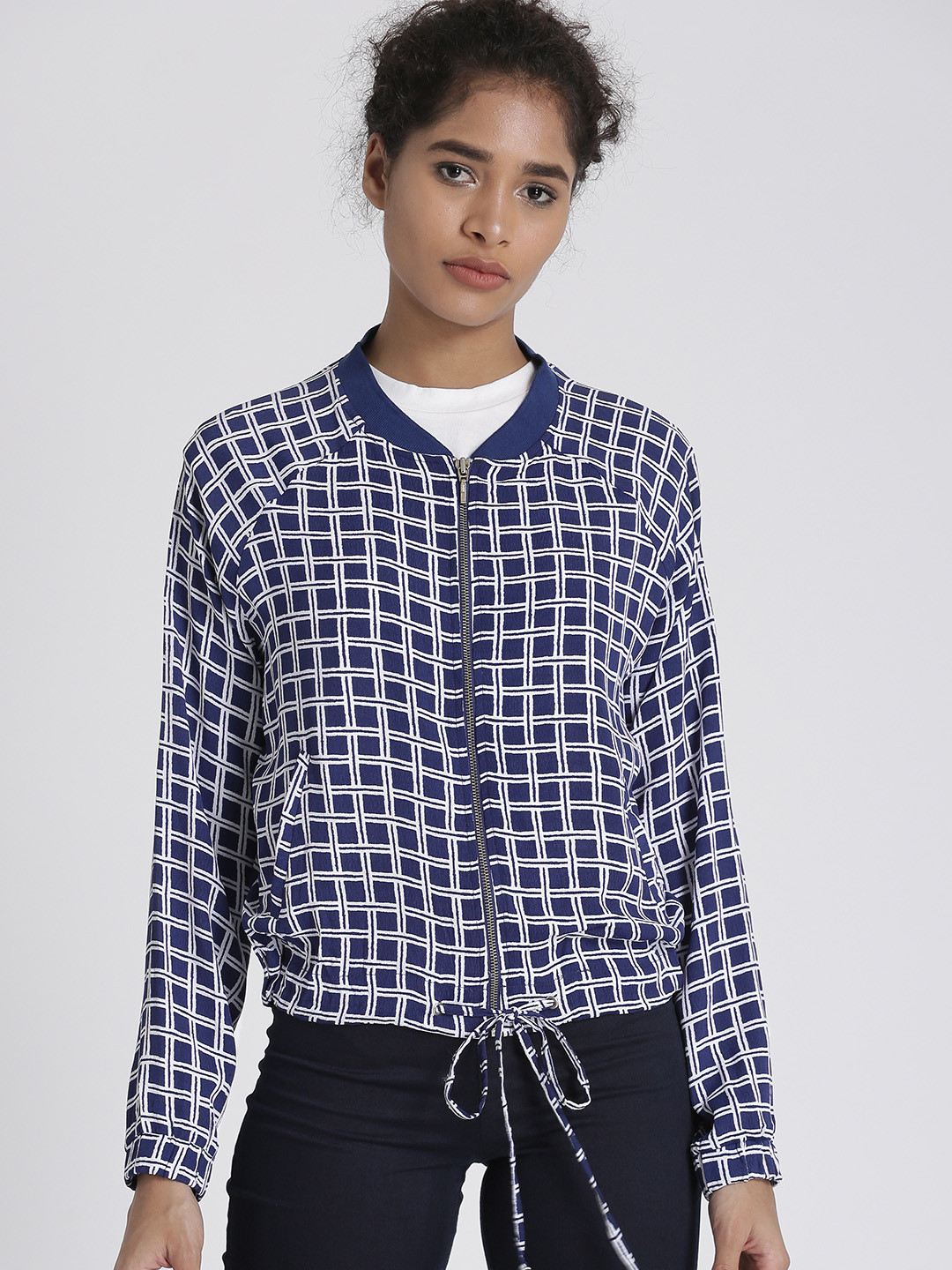 Buy Chemistry Women Blue & White Checked Tailored Jacket - Jackets for Women 2233990 | Myntra