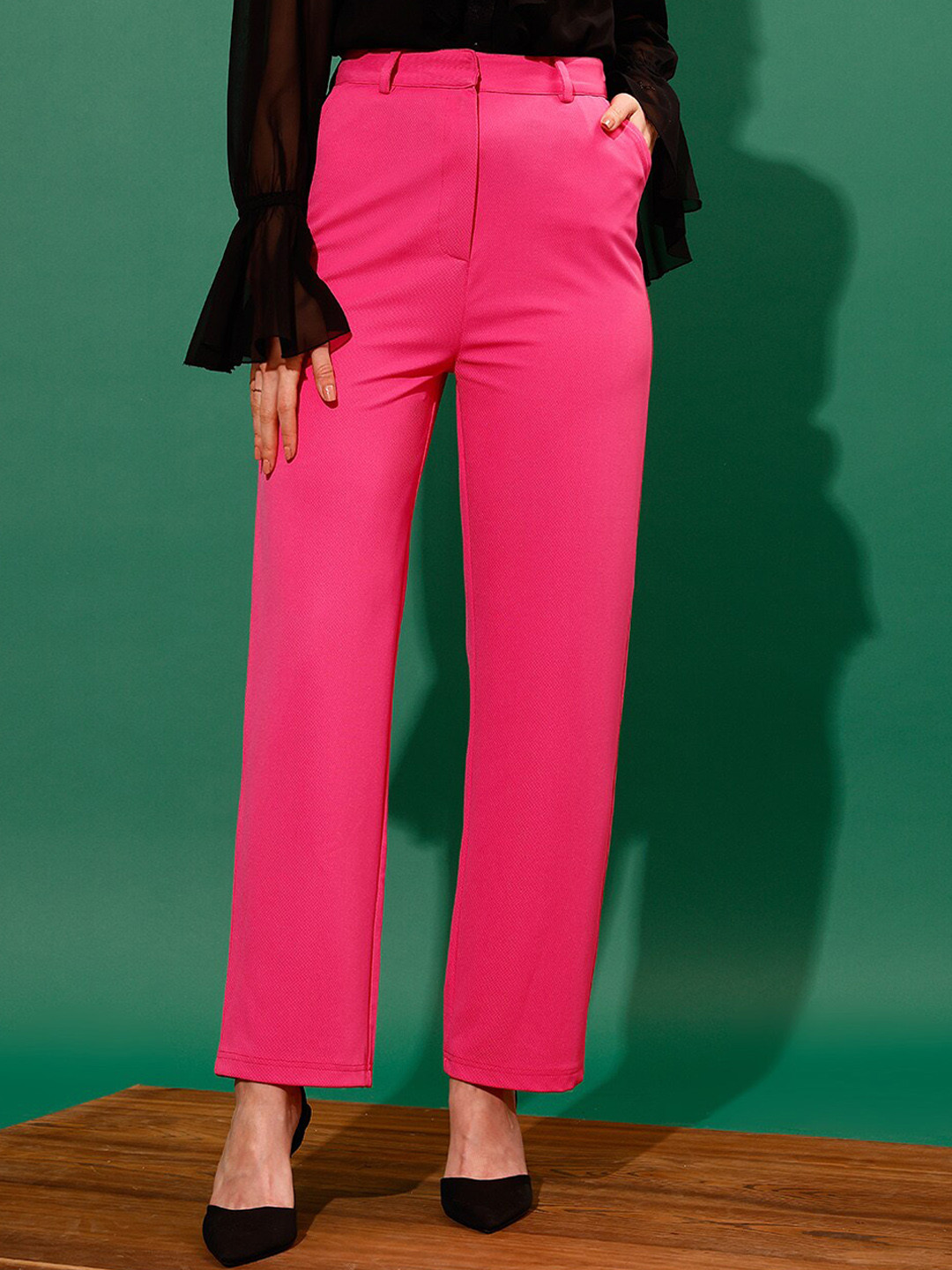 Women's Pink Relaxed Loose Fit High-Rise Trousers