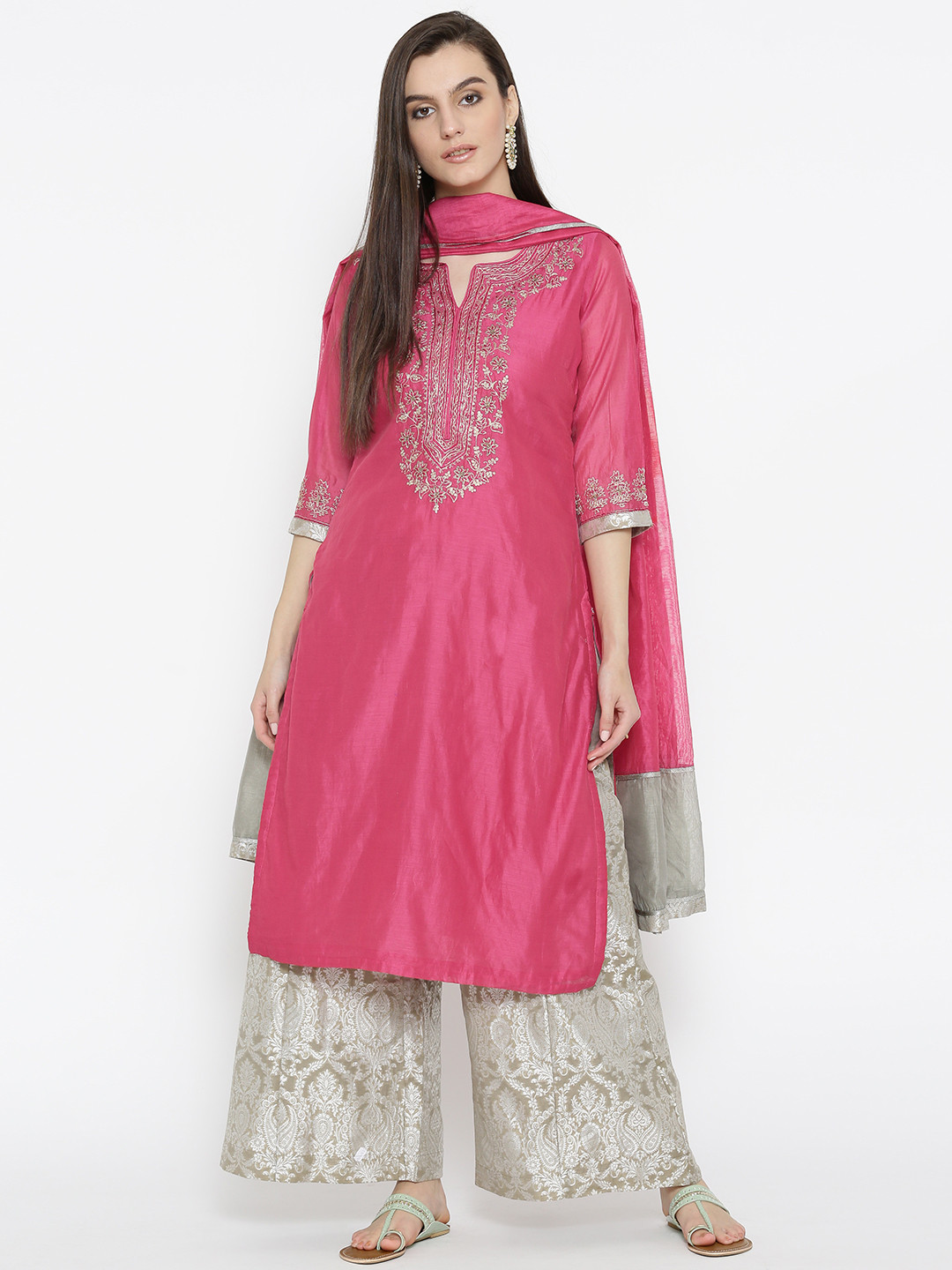 Buy Biba Women Pink & Grey Embroidered Kurta With Palazzos & Dupatta