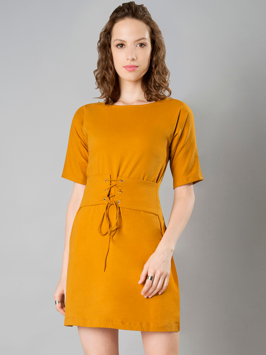 Buy FabAlley Women Mustard Yellow Solid Fit And Flare Dress Dresses