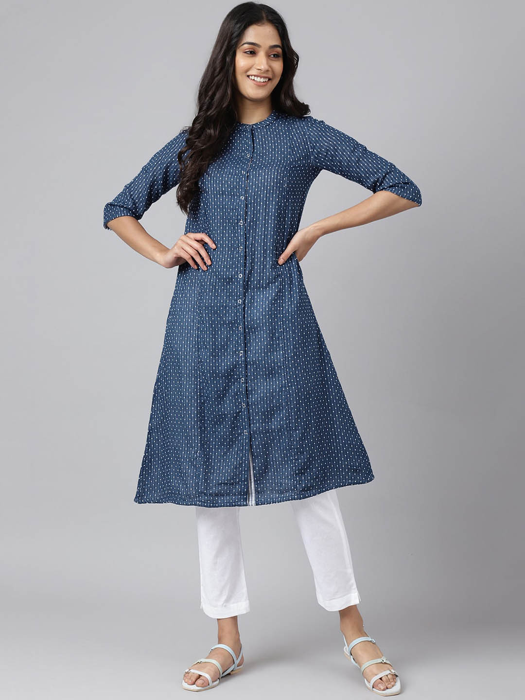 Buy AURELIA Woven Design Band Collar Pure Cotton A Line Kurta Kurtas