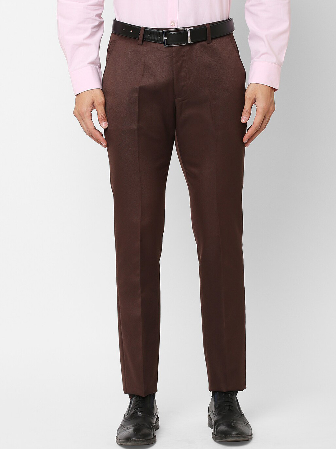 Buy Solemio Men Flat Front Mid Rise Slim Fit Easy Wash Formal Trousers ...