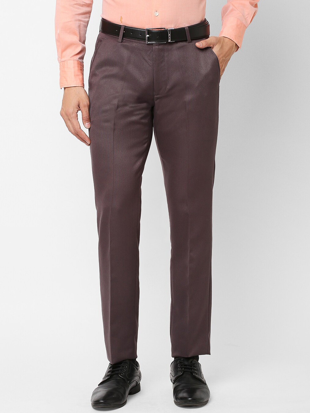 Buy Solemio Men Flat Front Woven Slim Fit Easy Wash Formal Trousers ...