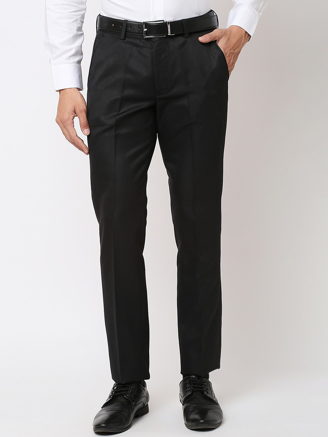 Buy Solemio Men Flat Front Woven Slim Fit Easy Wash Formal Trousers ...