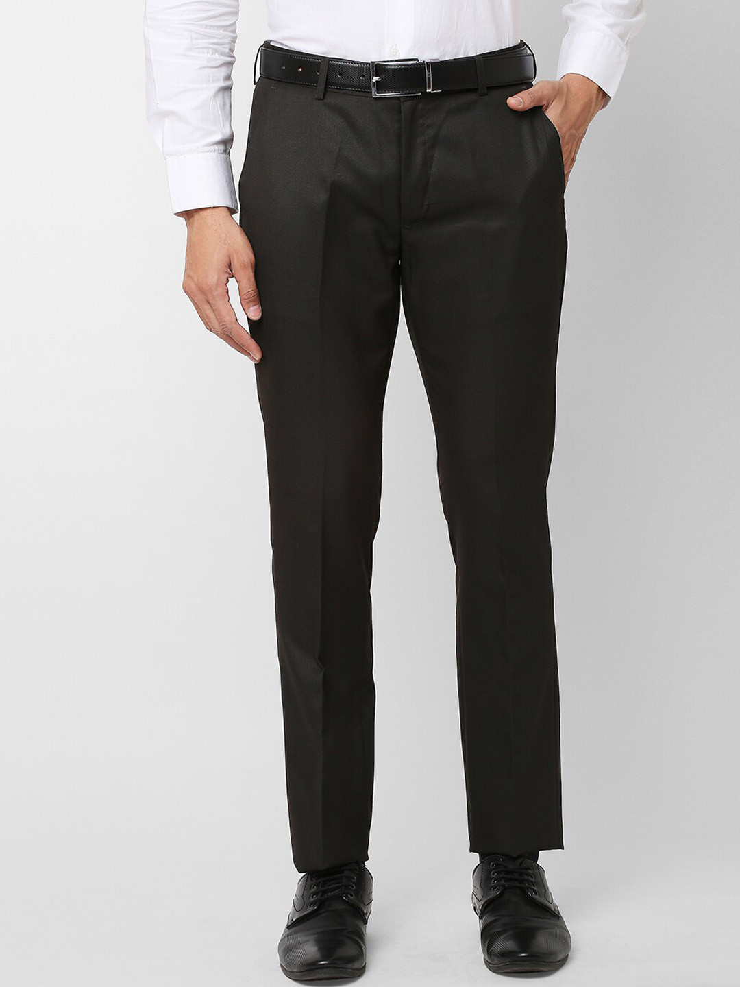 Buy Solemio Men Flat Front Woven Slim Fit Easy Wash Formal Trousers ...