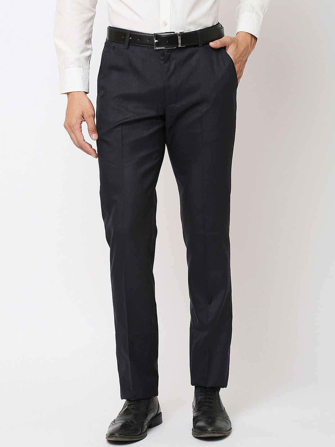 Buy Solemio Men Flat Front Woven Slim Fit Easy Wash Formal Trousers ...