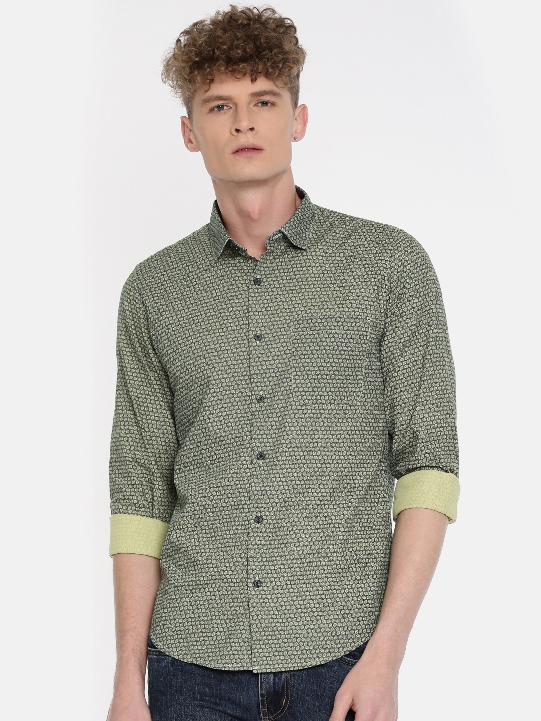 Buy Peter England Casuals Men Green Slim Fit Printed Semiformal Shirt ...