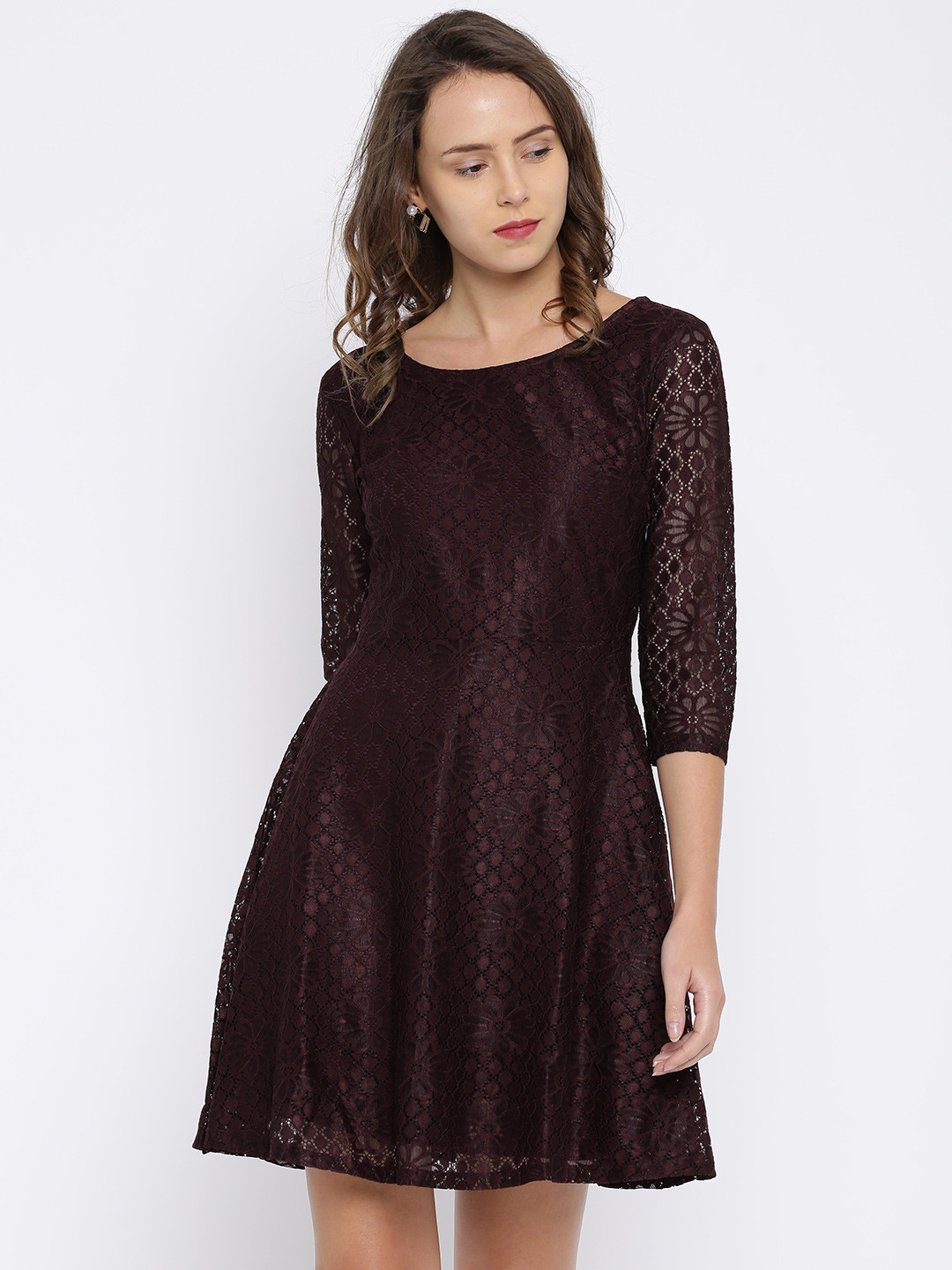 Buy Honey By Pantaloons Women Burgundy Self Design Fit And Flare Dress