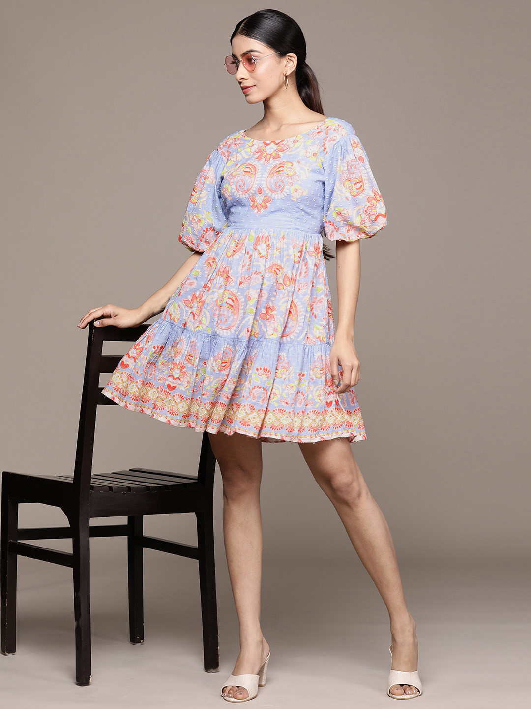 Buy Label Ritu Kumar Ethnic Motifs Print Puff Sleeves Fit & Flare Dress ...
