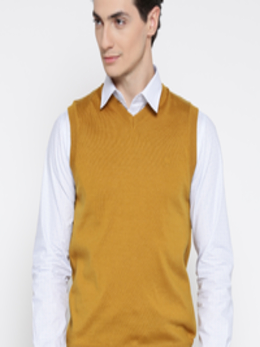 Buy Raymond Men Mustard Yellow Solid Sweater Vest - Sweaters for Men ...