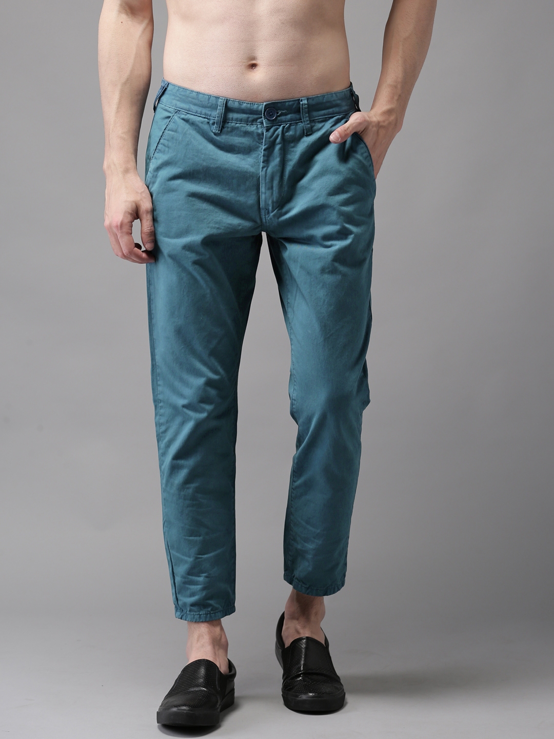 Buy Moda Rapido Men Teal Blue Slim Fit Solid Cropped Chinos - Trousers ...
