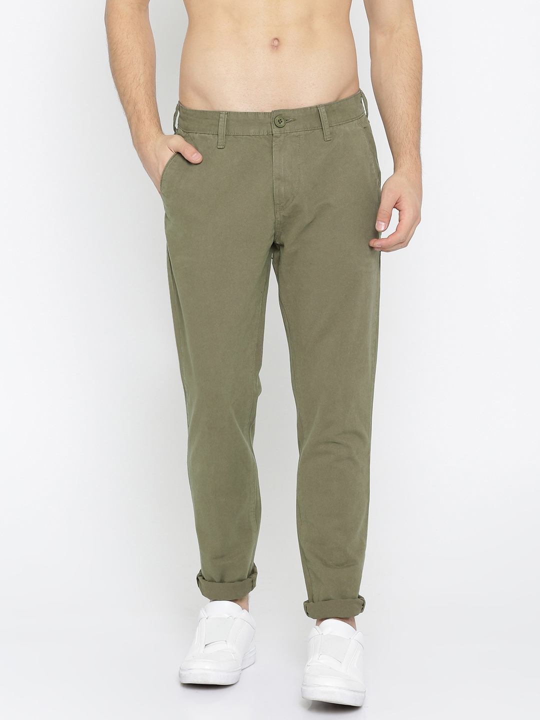 Buy HERE&NOW Men Olive Green Slim Fit Solid Cropped Chinos - Trousers ...