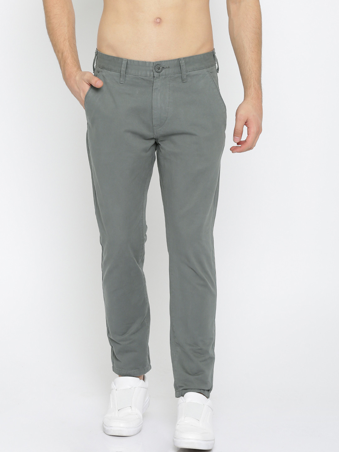Buy HERE&NOW Men Grey Slim Fit Solid Cropped Chinos - Trousers for Men ...