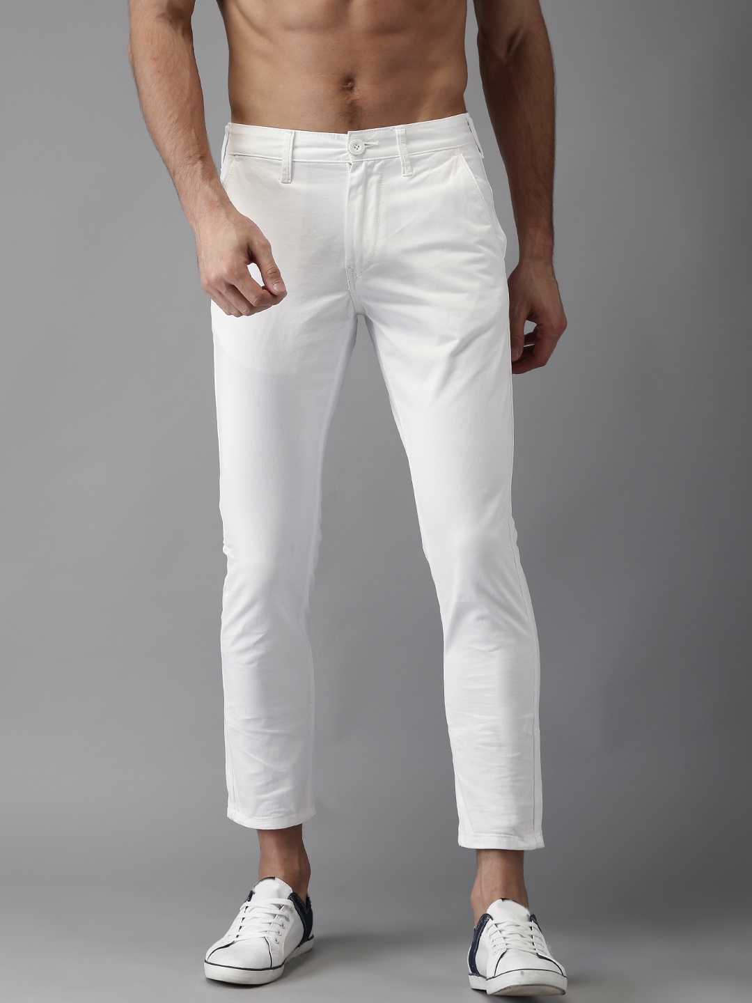Buy HERE&NOW Men White Slim Fit Solid Cropped Chinos - Trousers for Men ...