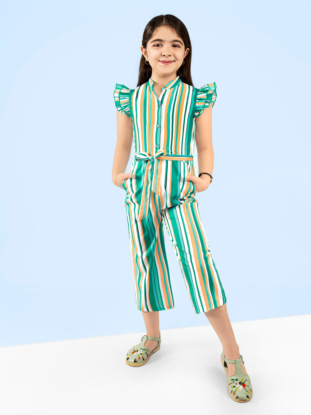 Nautinati Girls Shoulder Strapped Striped Cotton Jumpsuit