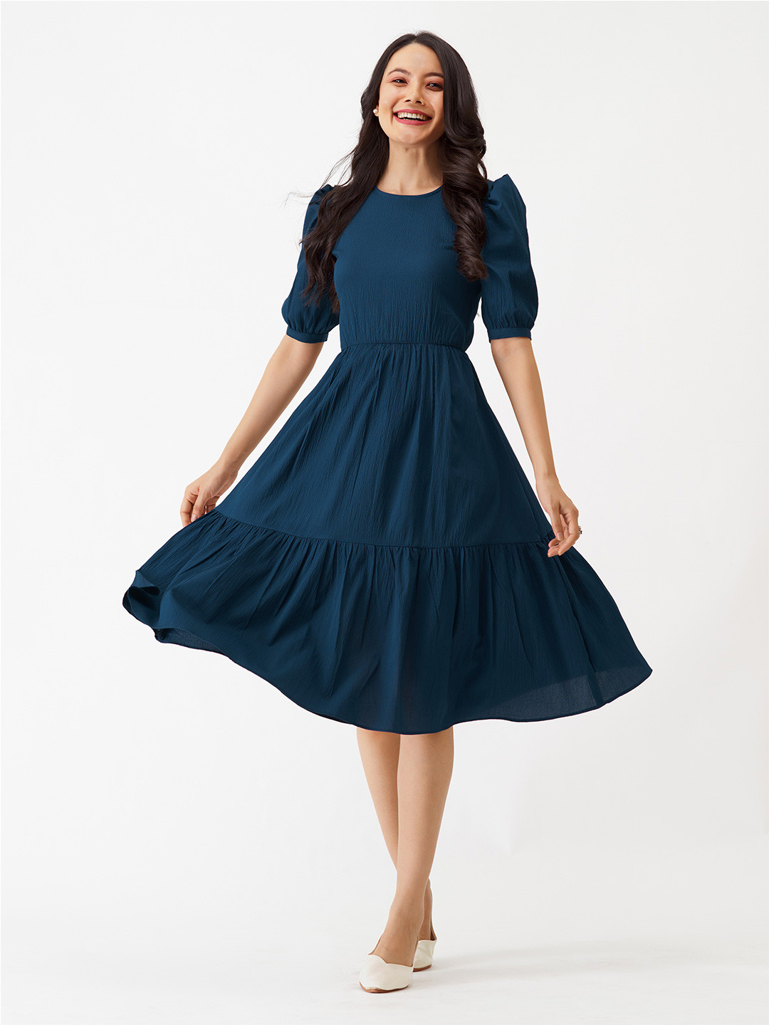 London Times Abito Crepe Fit & Flare Midi Con Bottoni In Vita | Scollo Gioiello, Maniche Corte, Chiusura Con Cerniera - 2