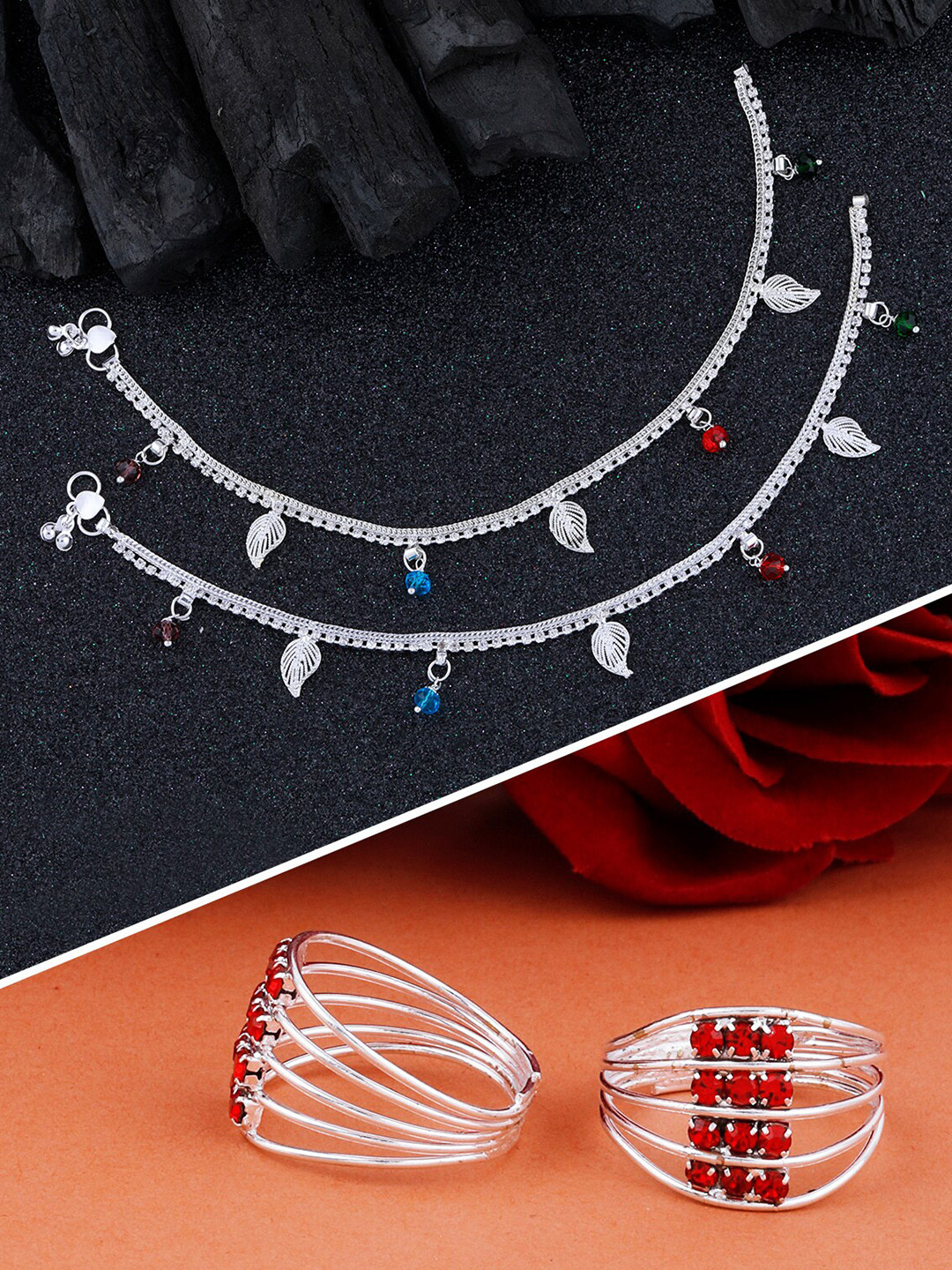 Buy Silver Shine Set Of 2 Silver Plated Anklets And Toe Rings Anklet