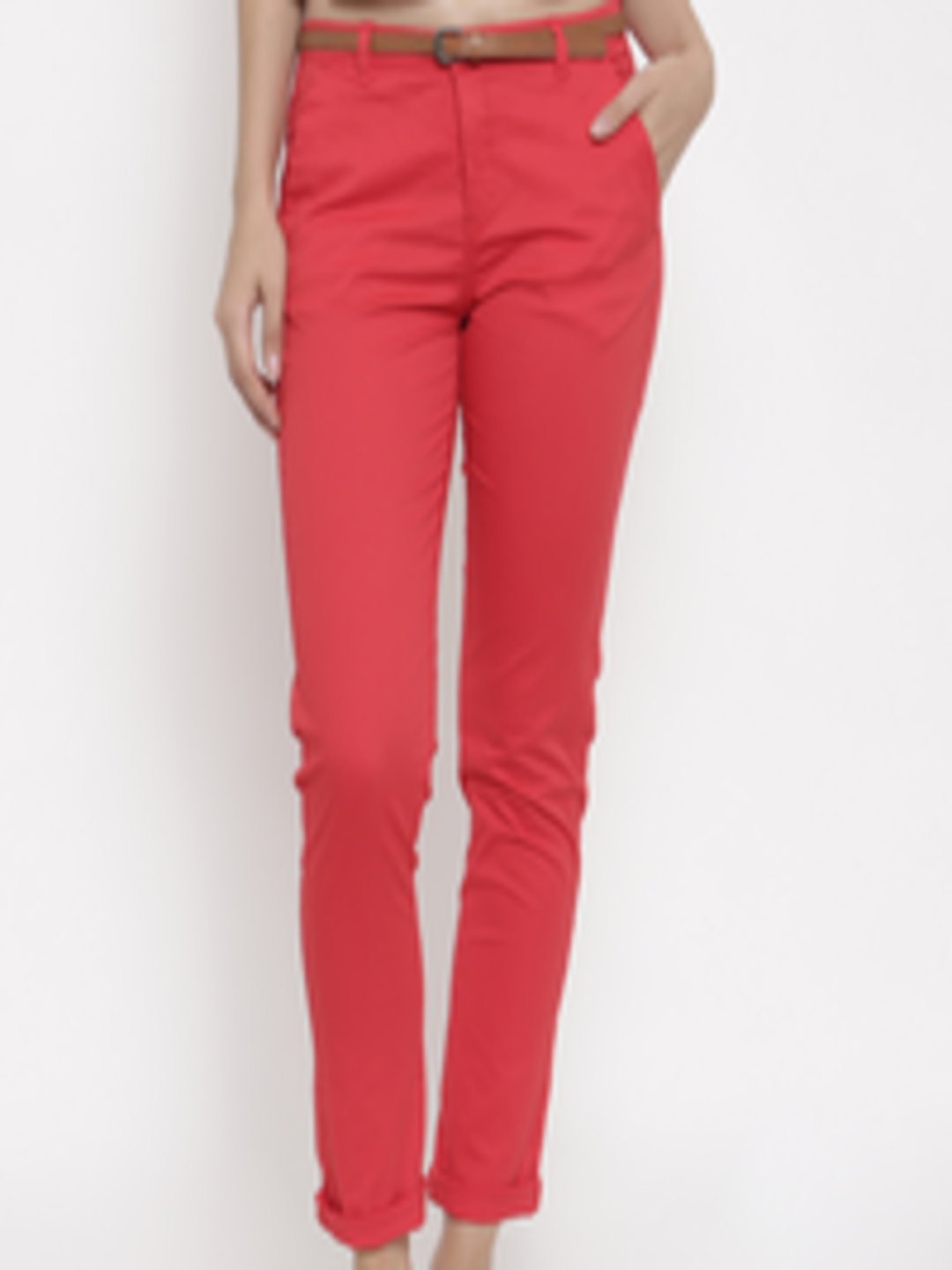 Buy Pink Woman Women Red Relaxed Regular Fit Solid Regular Trousers ...