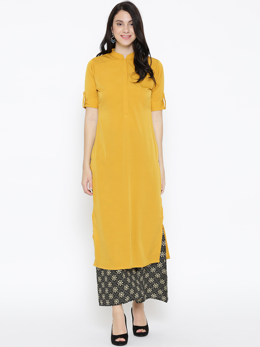 Buy GERUA Women Mustard Yellow Solid Crepe Straight Kurta Kurtas for Women 2240264 Myntra