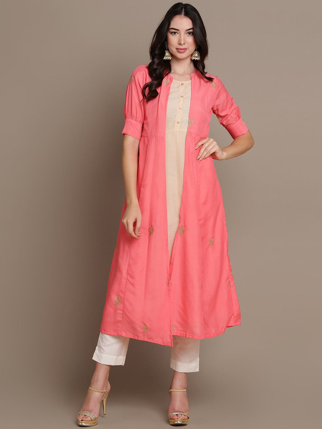 Buy HERE&NOW Ethnic Motifs Embroidered Puff Sleeves Zari Layered Pure Cotton Kurta Kurtas for